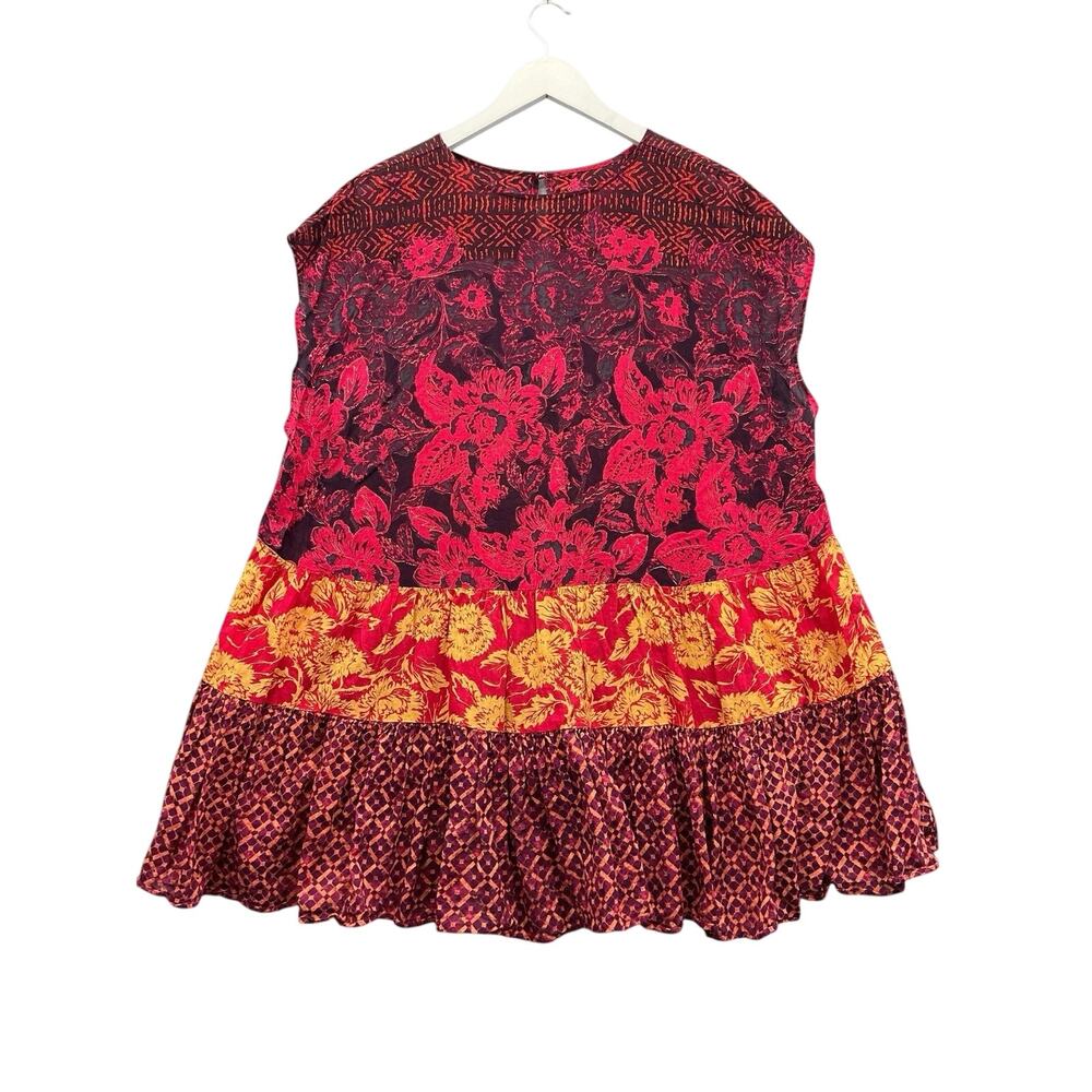 Free People Floral Cotton Cap Sleeve Tunic Blouse Size M Oversized Multicolor